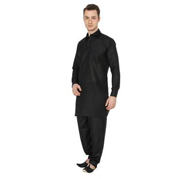 Black Plain Faux Cotton Pathani Suits 2