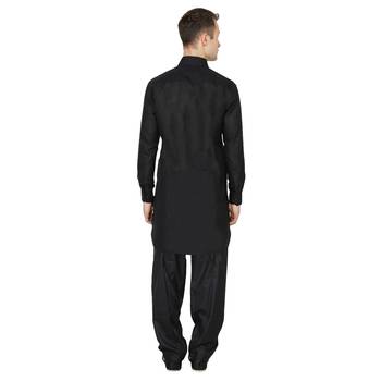 Black Plain Faux Cotton Pathani Suits 3