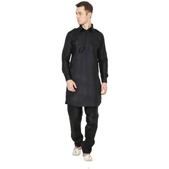 Black Plain Faux Cotton Pathani Suits 1