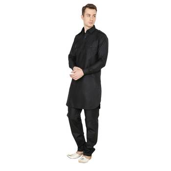 Black Plain Faux Cotton Pathani Suits 2