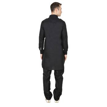 Black Plain Faux Cotton Pathani Suits 3