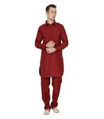 Maroon Plain Faux Cotton Pathani Suits