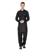 Black Plain Faux Cotton Pathani Suits