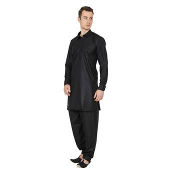 Black Plain Faux Cotton Pathani Suits 2