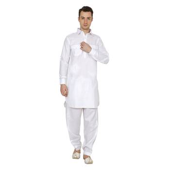 White Plain Faux Cotton Pathani Suits 1