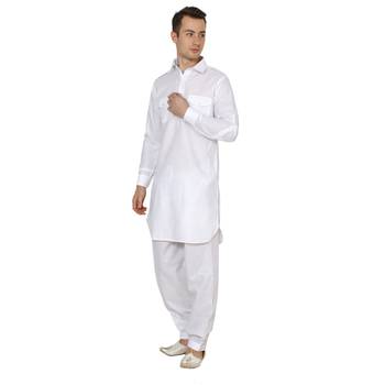 White Plain Faux Cotton Pathani Suits 2