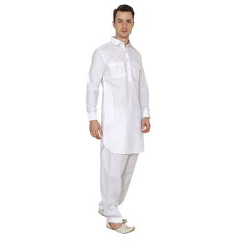 White Plain Faux Cotton Pathani Suits 5