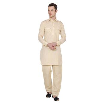 Beige Plain Faux Cotton Pathani Suits 1