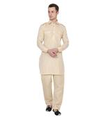 Beige Plain Faux Cotton Pathani Suits