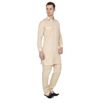 Beige Plain Faux Cotton Pathani Suits 2