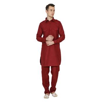 Maroon Plain Faux Cotton Pathani Suits 1