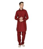 Maroon Plain Faux Cotton Pathani Suits
