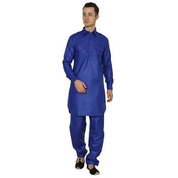 Blue Plain Faux Cotton Pathani Suits 1