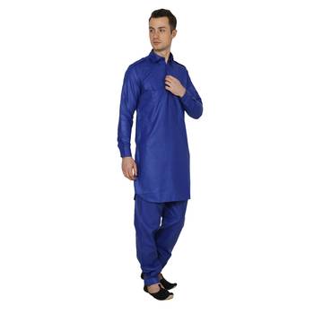 Blue Plain Faux Cotton Pathani Suits 2