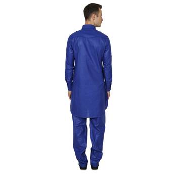 Blue Plain Faux Cotton Pathani Suits 3