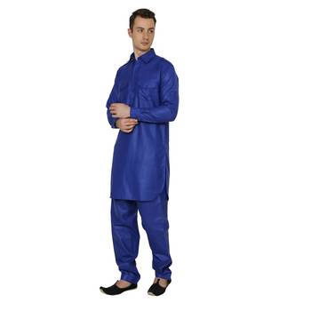Blue Plain Faux Cotton Pathani Suits 4