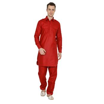 Red Plain Faux Cotton Pathani Suits 1