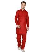 Red Plain Faux Cotton Pathani Suits