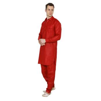 Red Plain Faux Cotton Pathani Suits 2
