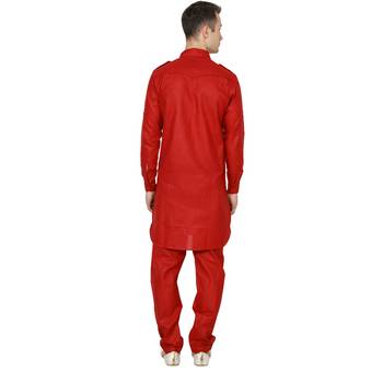 Red Plain Faux Cotton Pathani Suits 3