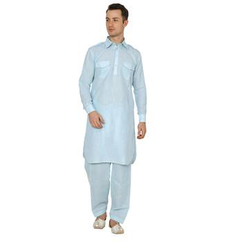Blue Plain Faux Cotton Pathani Suits 1
