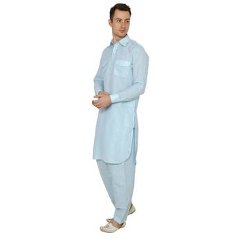 Blue Plain Faux Cotton Pathani Suits 2