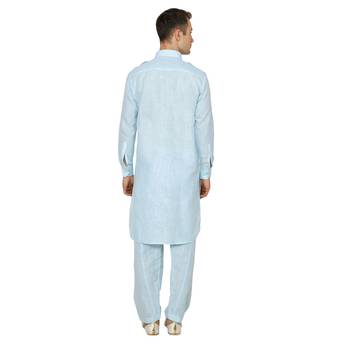 Blue Plain Faux Cotton Pathani Suits 3