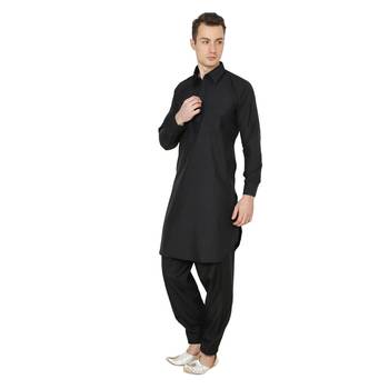 Black Plain Faux Cotton Pathani Suits 2