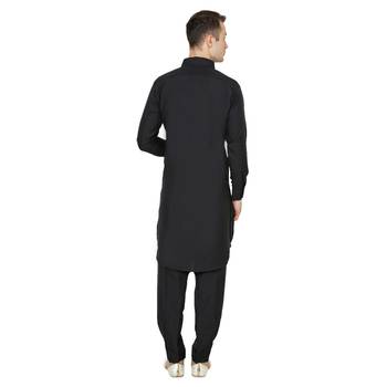 Black Plain Faux Cotton Pathani Suits 3