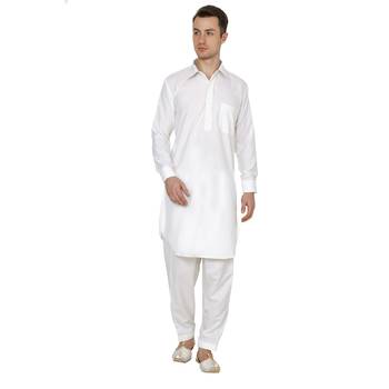 White Plain Faux Cotton Pathani Suits 1