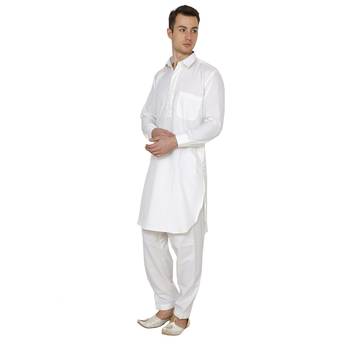White Plain Faux Cotton Pathani Suits 2