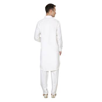 White Plain Faux Cotton Pathani Suits 3