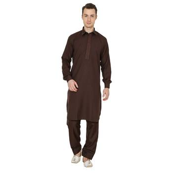Brown Plain Faux Cotton Pathani Suits 1