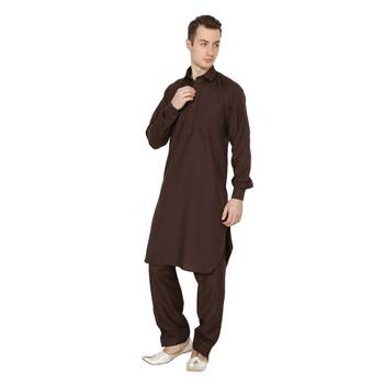 Brown Plain Faux Cotton Pathani Suits 2