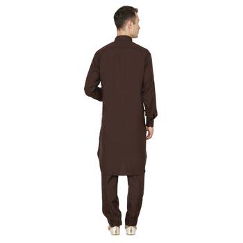 Brown Plain Faux Cotton Pathani Suits 3