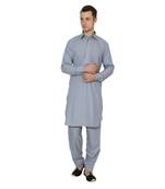 Grey Plain Faux Cotton Pathani Suits