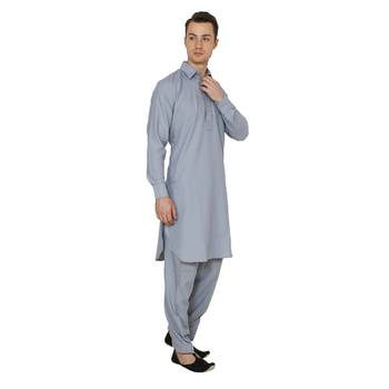 Grey Plain Faux Cotton Pathani Suits 2