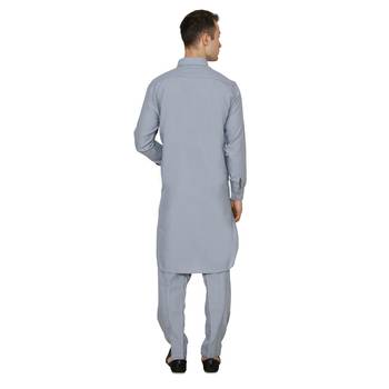 Grey Plain Faux Cotton Pathani Suits 3