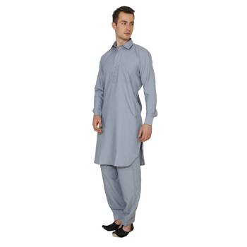 Grey Plain Faux Cotton Pathani Suits 4