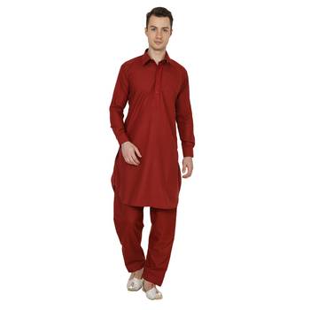 Maroon Plain Faux Cotton Pathani Suits 1