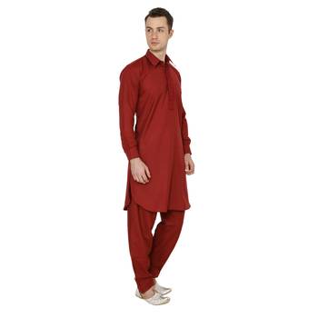 Maroon Plain Faux Cotton Pathani Suits 2