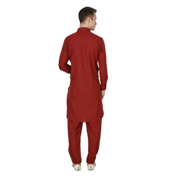 Maroon Plain Faux Cotton Pathani Suits 3