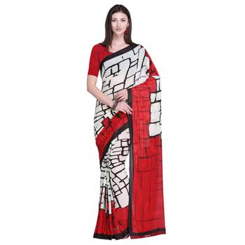 White printed chiffon saree with blouse 1