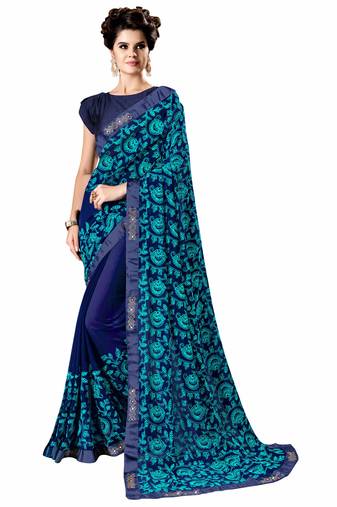 Blue Embroidered Georgette Saree With Blouse