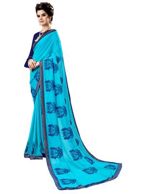 Blue Embroidered Georgette Saree With Blouse 1