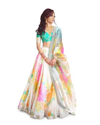 Colorful Floral Print Embroidered Organza Wedding Designer Lehenga Choli Set 1