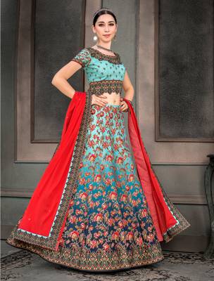 Sky Blue Digital Print Silk Semi Stitched Lehenga With Dupatta 1