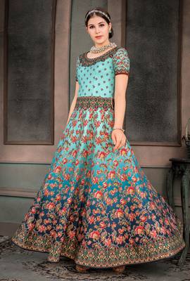 Sky Blue Digital Print Silk Semi Stitched Lehenga With Dupatta 2