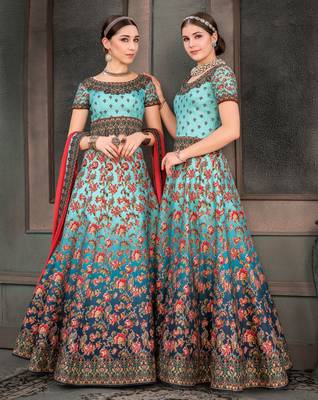 Sky Blue Digital Print Silk Semi Stitched Lehenga With Dupatta 3