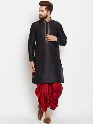 Black Plain Silk Blend Dhoti Kurta 1